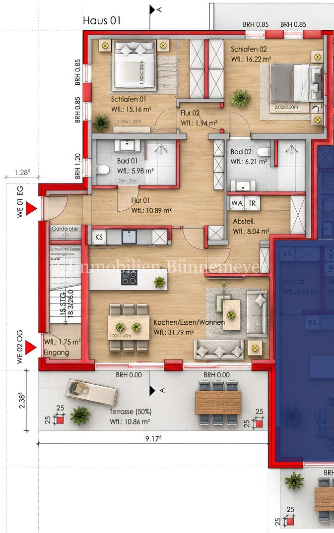 Exklusive Eigentumswohnung – Effizienzhaus 55 EE mit 15% Förderung KFW 261 - Maßanfertigungen vom Tischler - Erstbezug - Haus 1/Whg. 1- EG